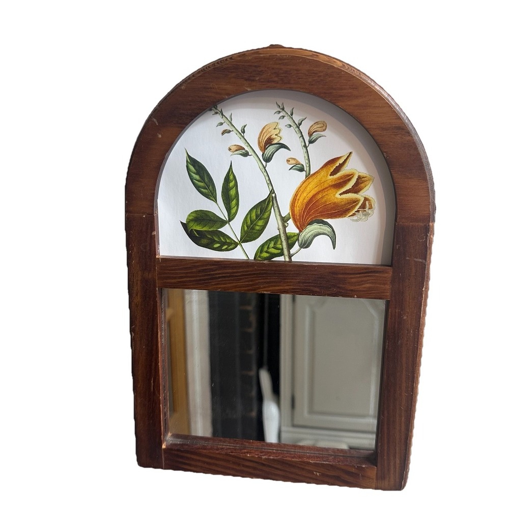 Vintage Wood Framed Flower Art Arch Mirror Photo Frame Wooden Botanical 13" Tall